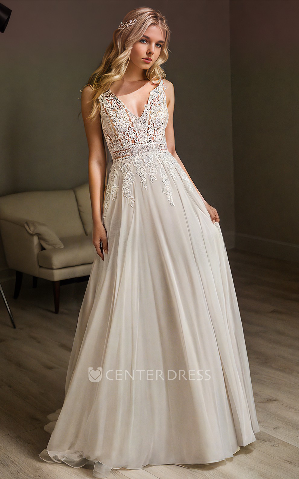 Boho Sleeveless Beach V-neck Flower Lace A-Line Floor-length