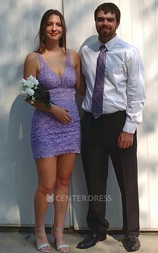 Lace Bodycon Casual Plunging Neckline Homecoming Dress With Open Back And Sweep Train