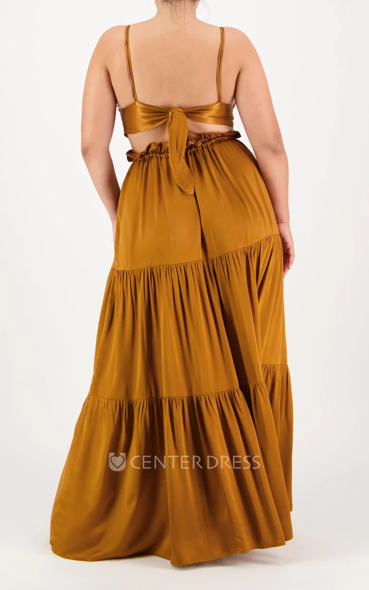 Simple Spaghetti Two Piece Charmeuse Bridesmaid Dress with Open Back and Pleats