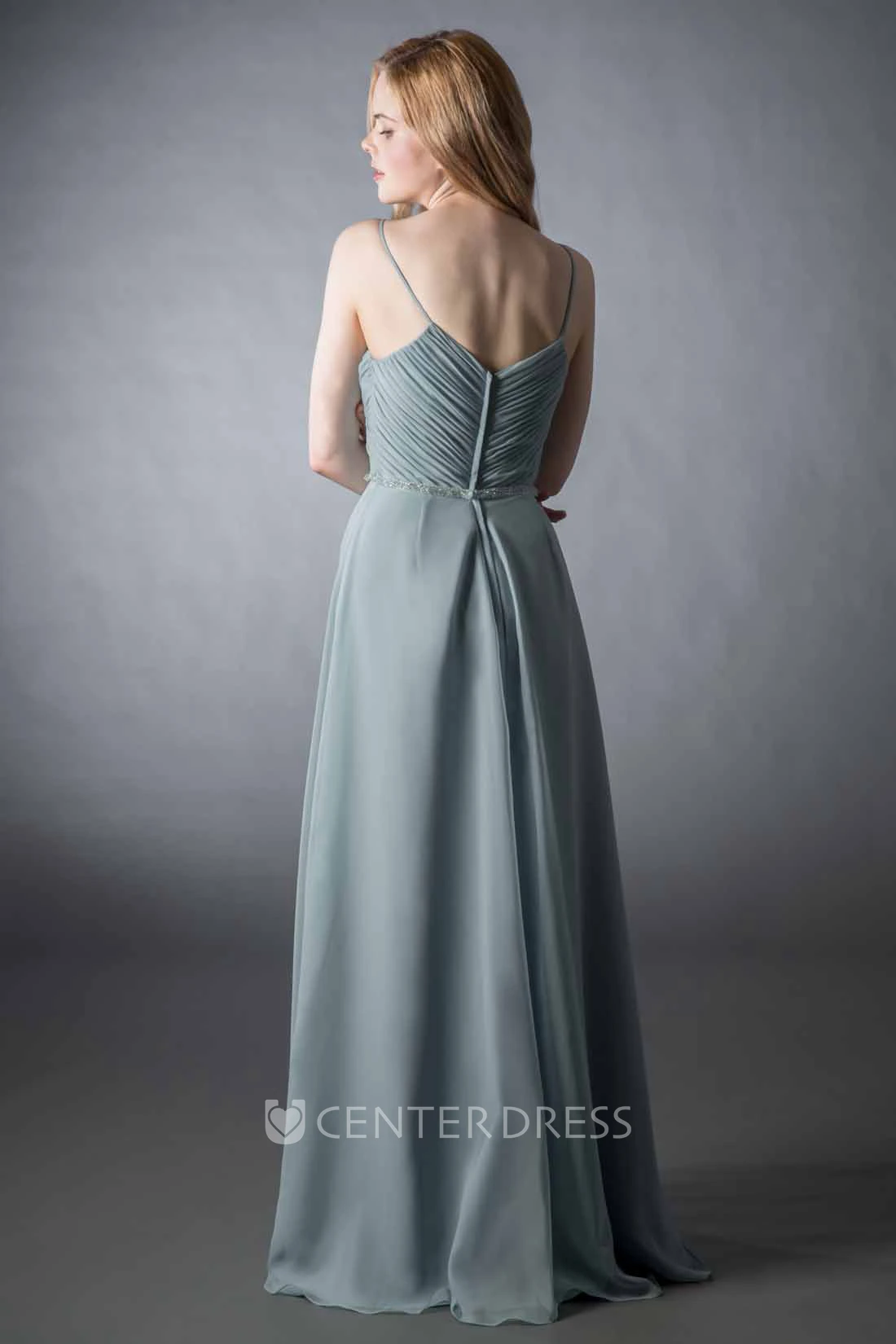 Sheath Spaghetti Long Criss-Cross Sleeveless Chiffon Bridesmaid Dress With Low-V Back And Waist Jewellery