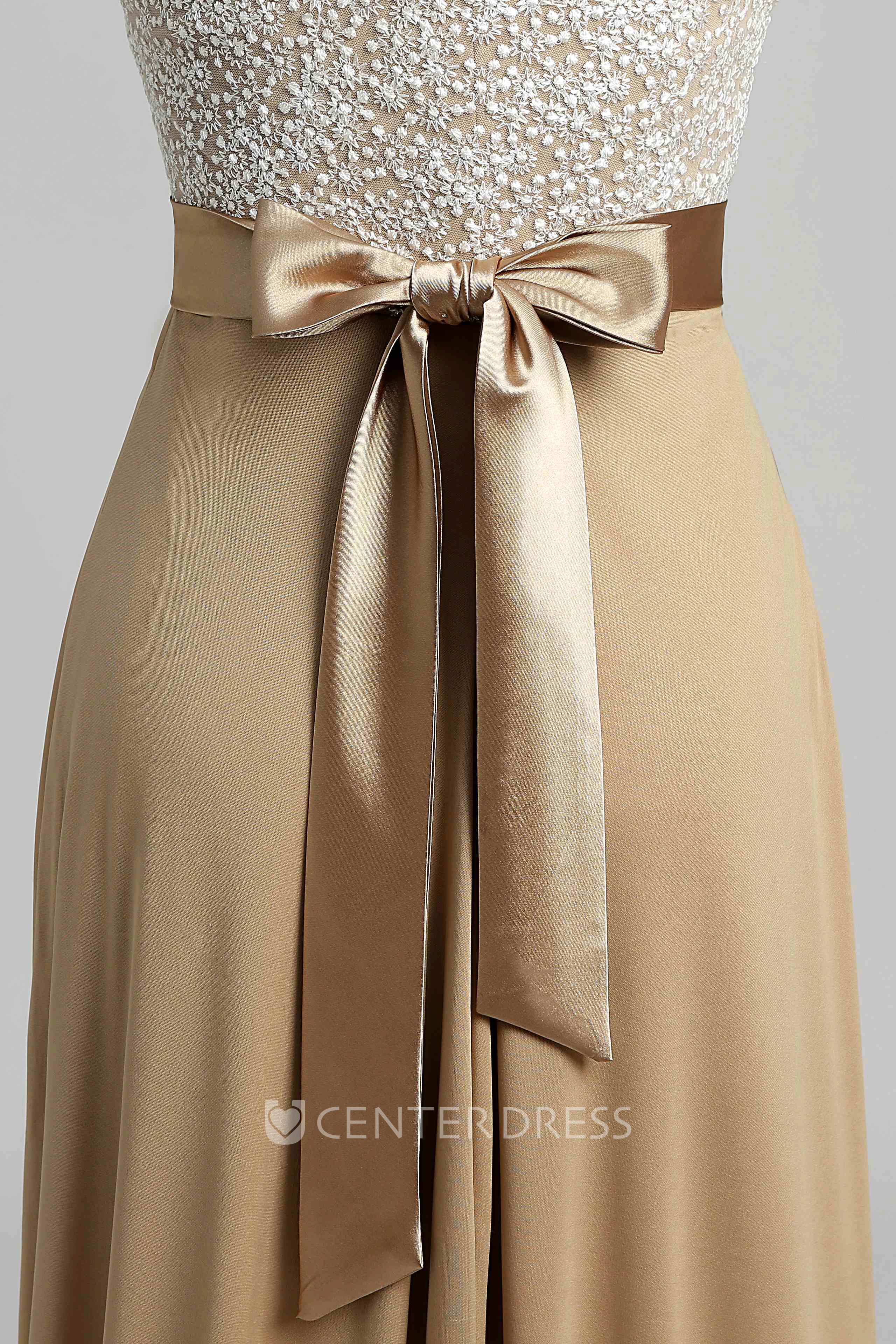 Jersey Lace A-line Bateau Cap Short Sleeve Lace Dress with Sash/Ribbon