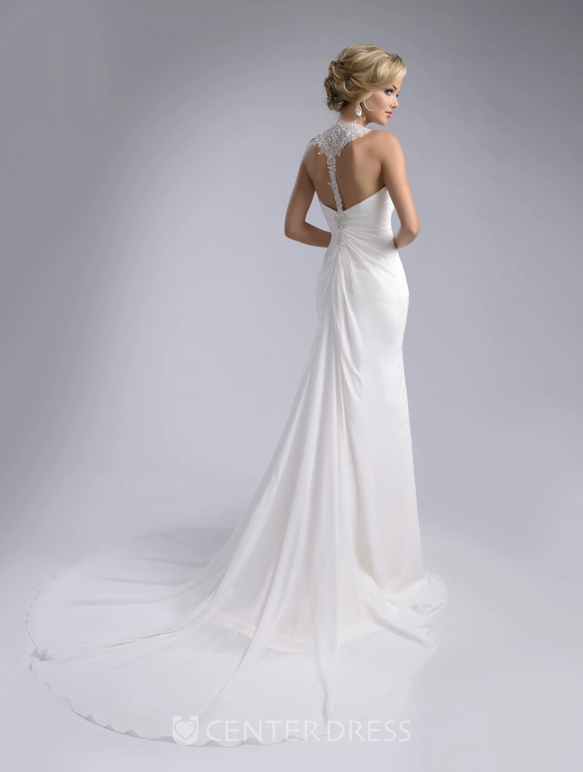 Ruched Sheath Chiffon Wedding Dress Featuring Halter And Side Slit