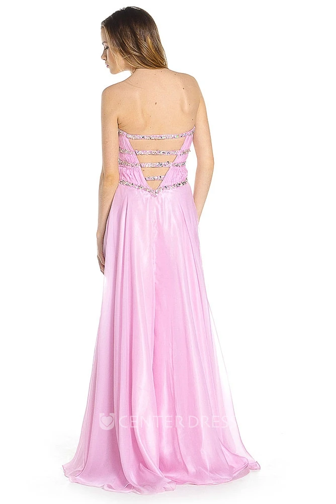 A-Line Sleeveless Beaded Sweetheart Maxi Tulle&Satin Prom Dress With Ruching