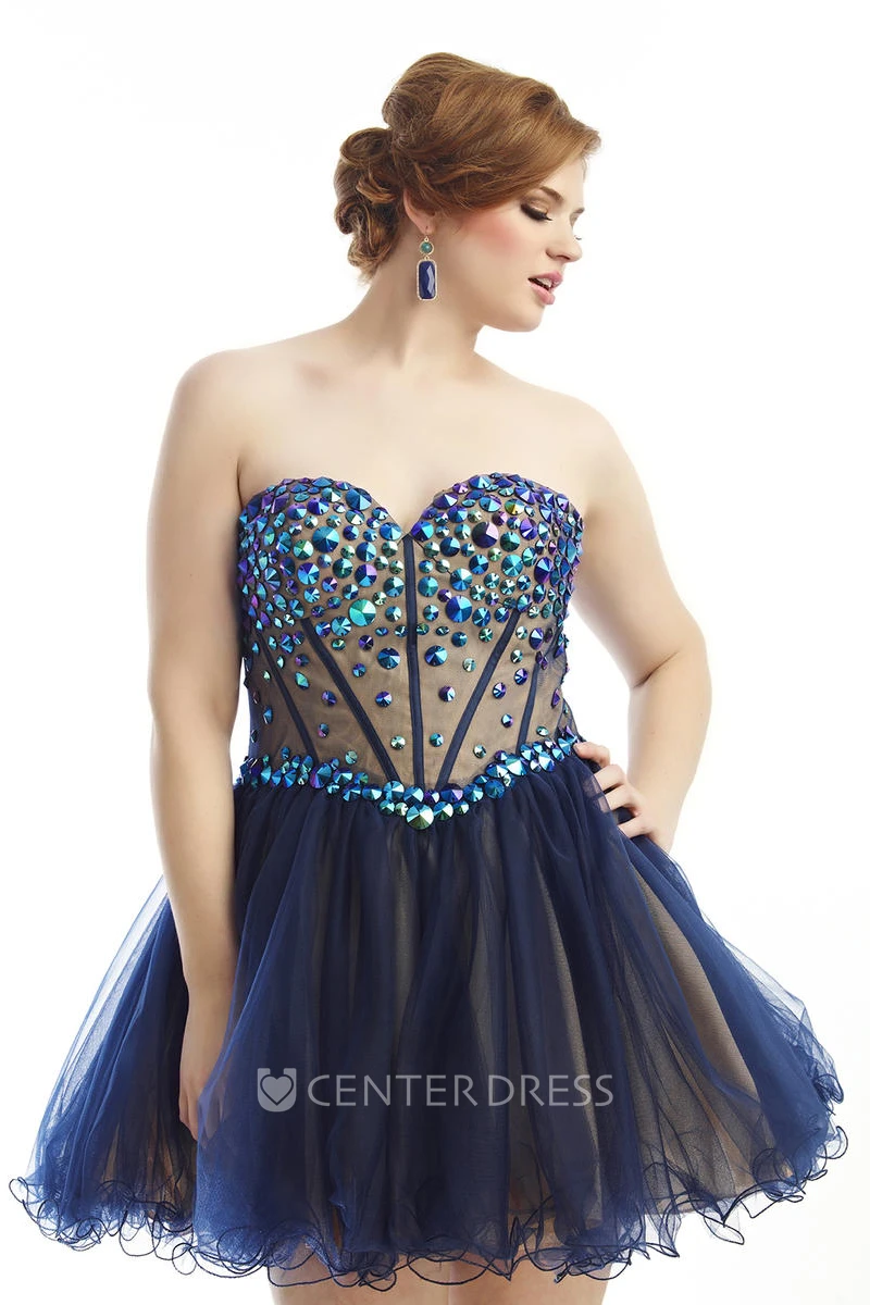 A-line Short Sweetheart Sleeveless Tulle Ruffles Crystal Detailing Lace-up/Corset Back Dress