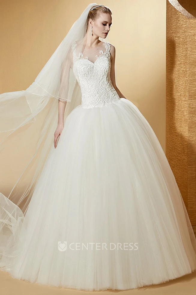 Illusive Jewel neck Wedding Gown with Exquisite Appliques and Puffy Skirt