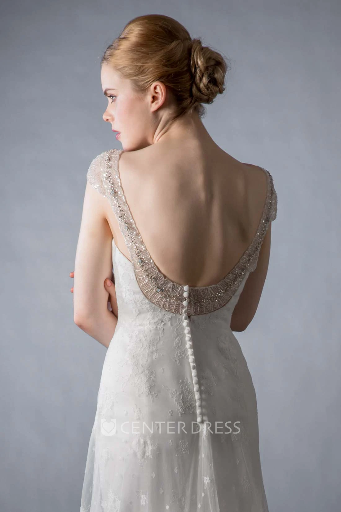 A-Line Scoop-Neck Cap-Sleeve Beaded Floor-Length Lace Wedding Dress With Appliques And Deep-V Back