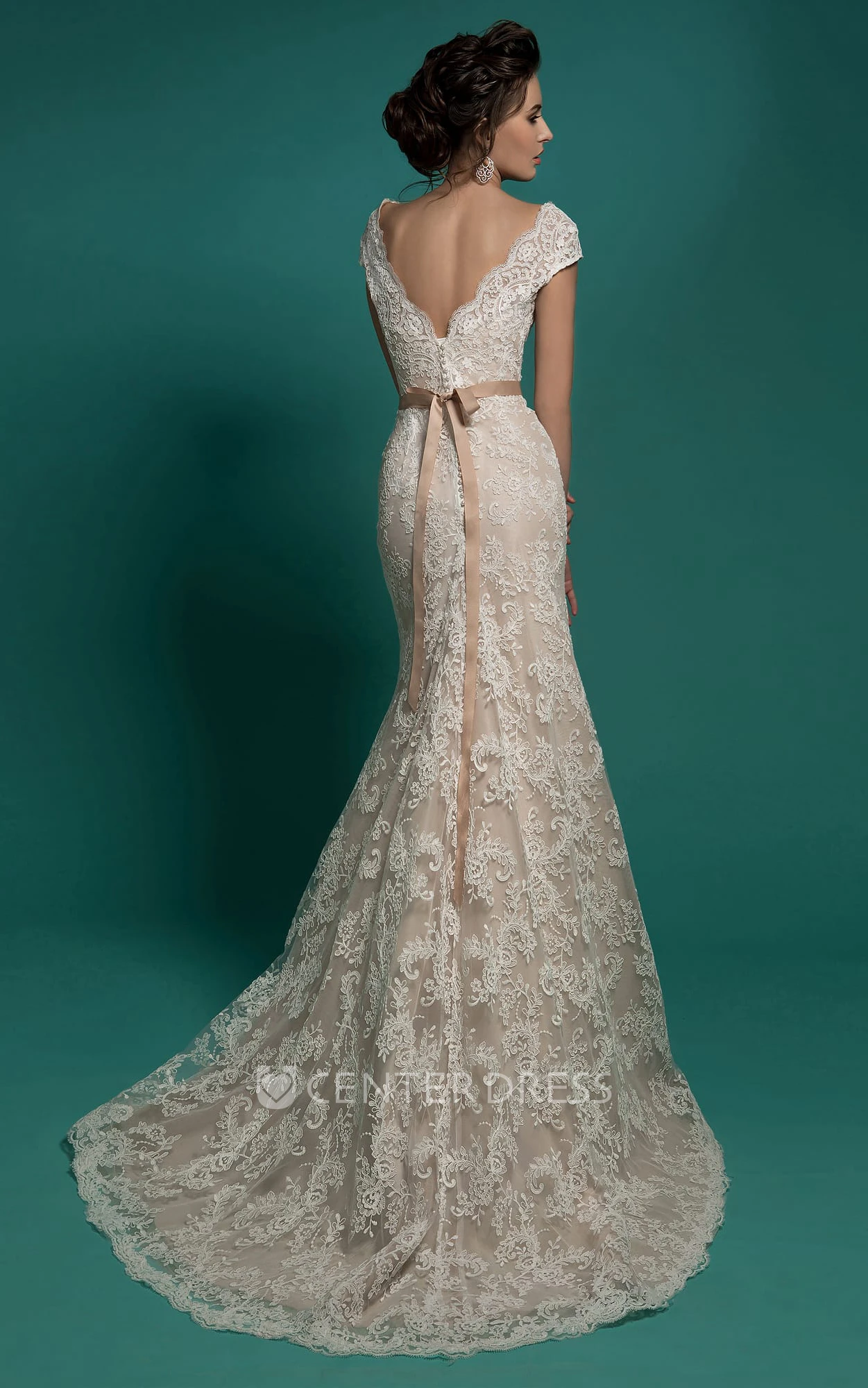 Mermaid Floor-Length V-Neck Cap-Sleeve Zipper Lace Dress With Sash And Detachable Train