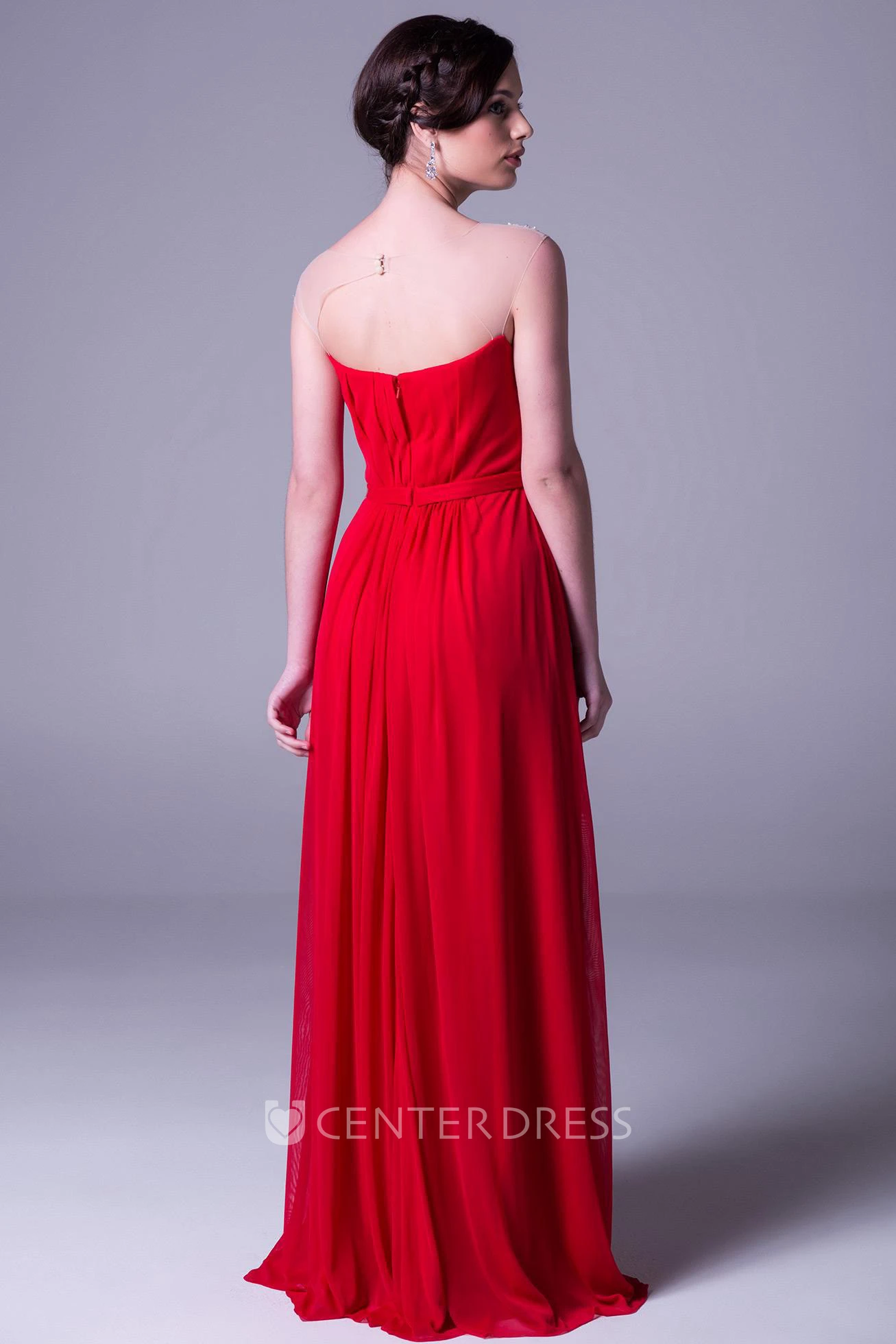 Sheath Bateau-Neck Beaded Cap-Sleeve Floor-Length Chiffon Prom Dress With Pleats