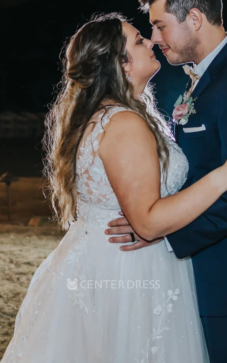 Elegant A-Line V-neck Sleeveless Lace Tulle Winter Wedding Dress With Illusion And Appliques