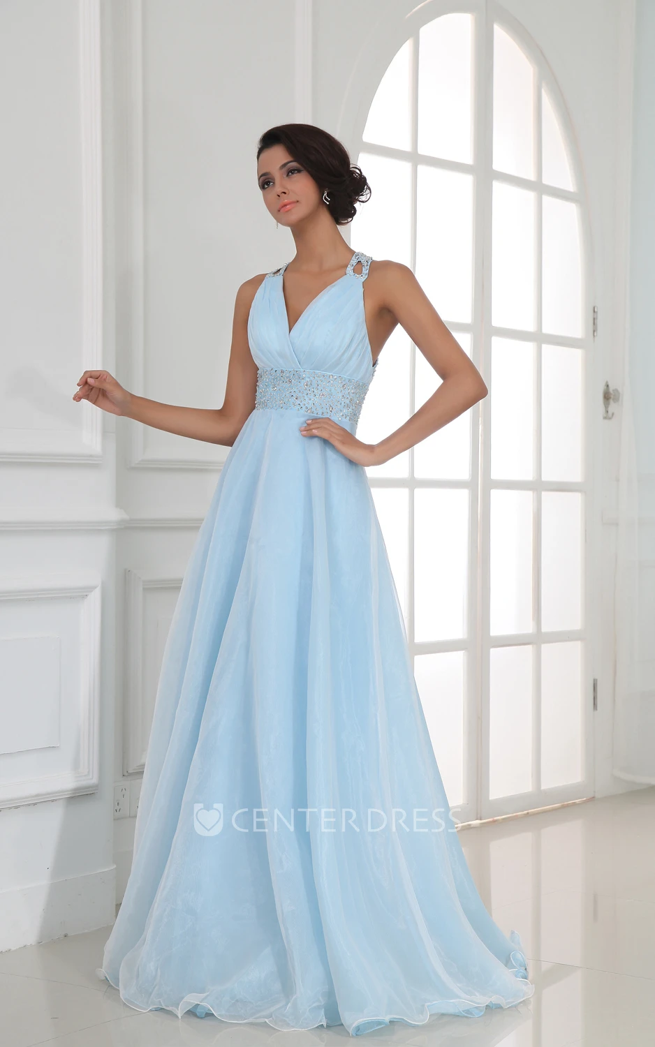 Halter Floor-Length V-Neck A-Line Gown With Sequined Waist