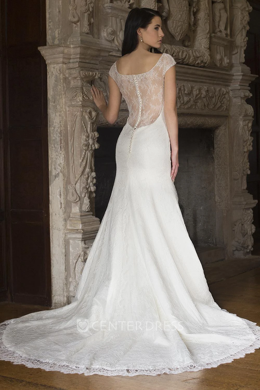 Sheath Appliqued Floor-Length Scoop-Neck Cap-Sleeve Lace Wedding Dress With Beading