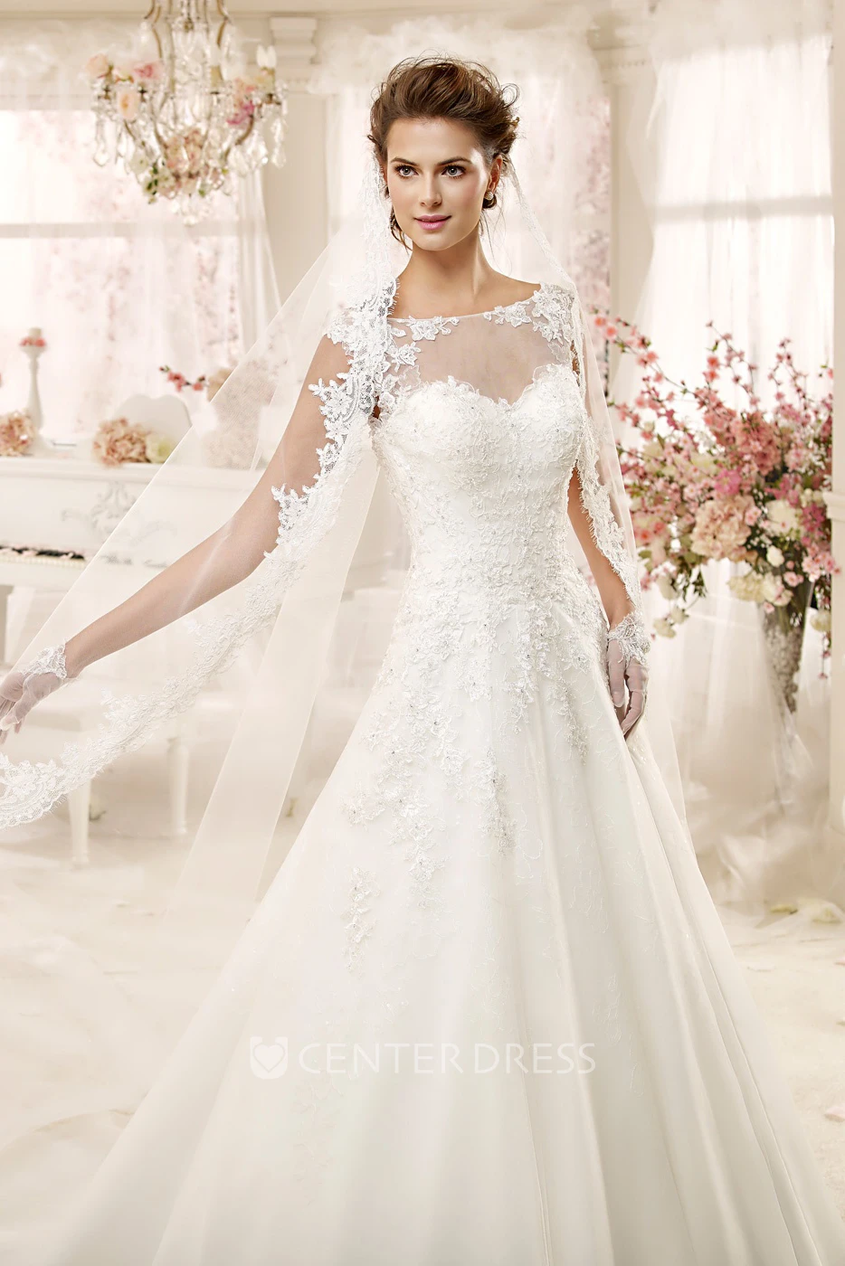 Jewel-neck A-line Wedding Dress with Illusive Design and Keyhole Back