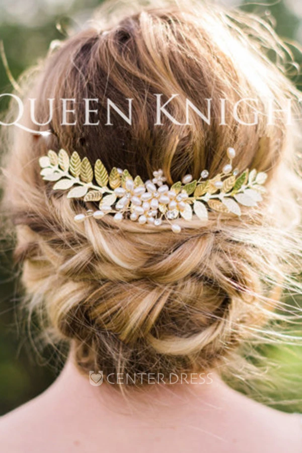 Western Style Wind Pearl Rhinestone Gold Leaf Hair Comb