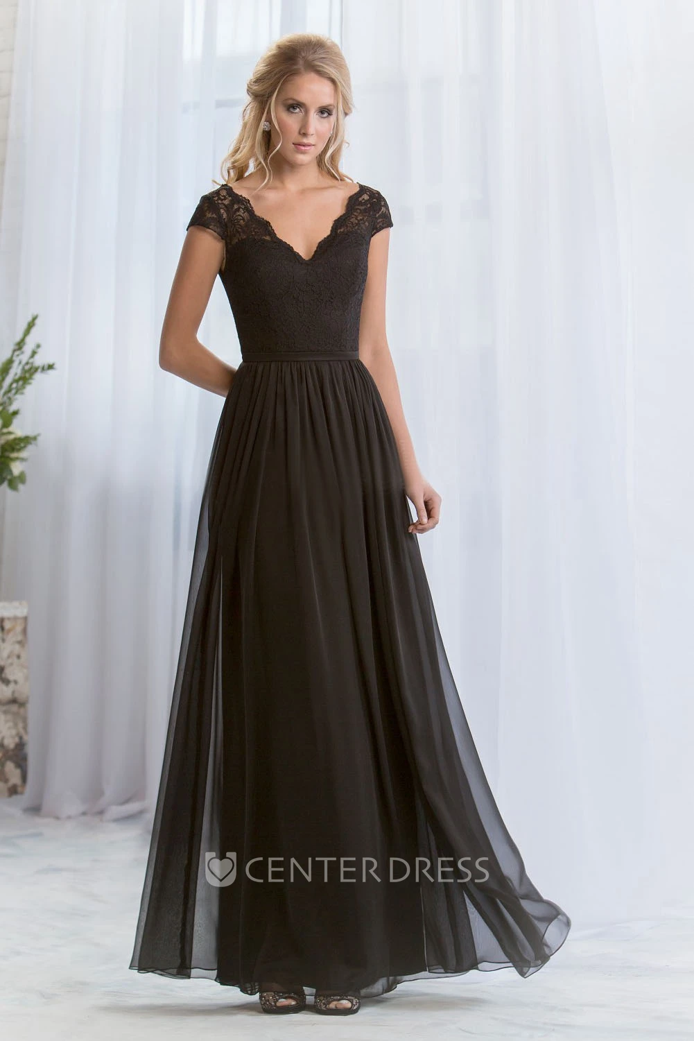 Cap-Sleeved V-Neck A-Line Bridesmaid Dress With Lace Bodice And V-Back