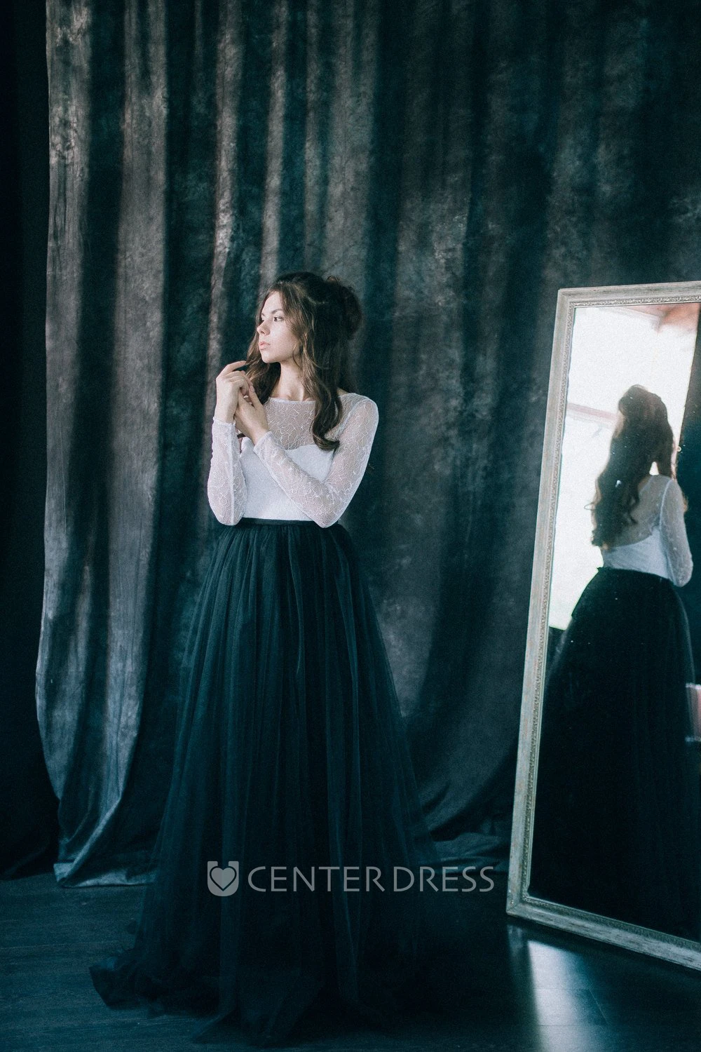 Sheath Long Sleeve Floor-length Bateau Deep-V Back Lace Pleats Black Wedding Dress