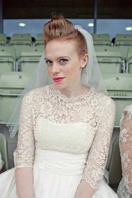 1950S High Neck Long Sleeve Pleated A-Line Tea Length Taffeta Wedding Dress