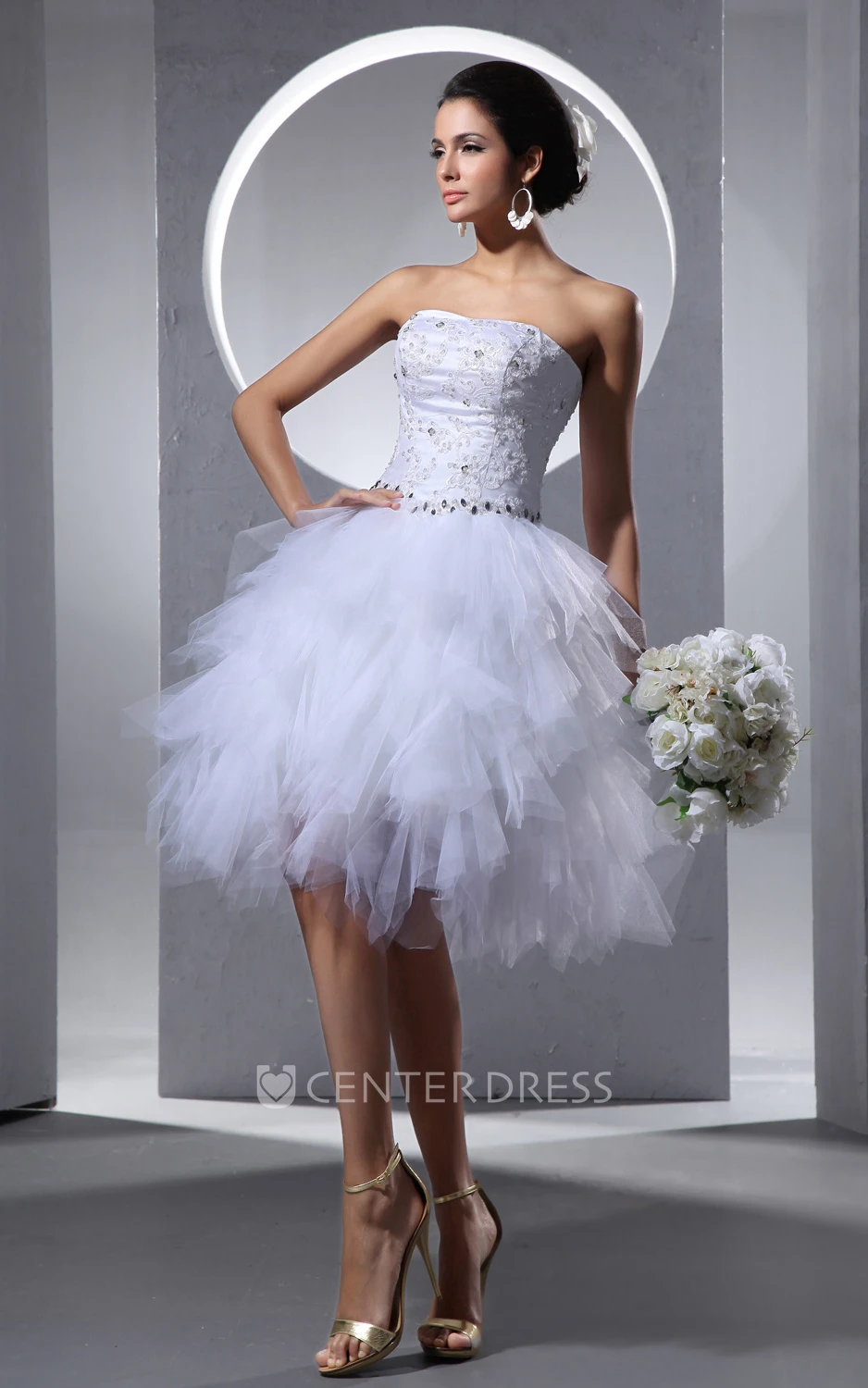 Sleeveless Strapless Midi Tulle Wedding Dress With Crystal Detailing And Ruffles