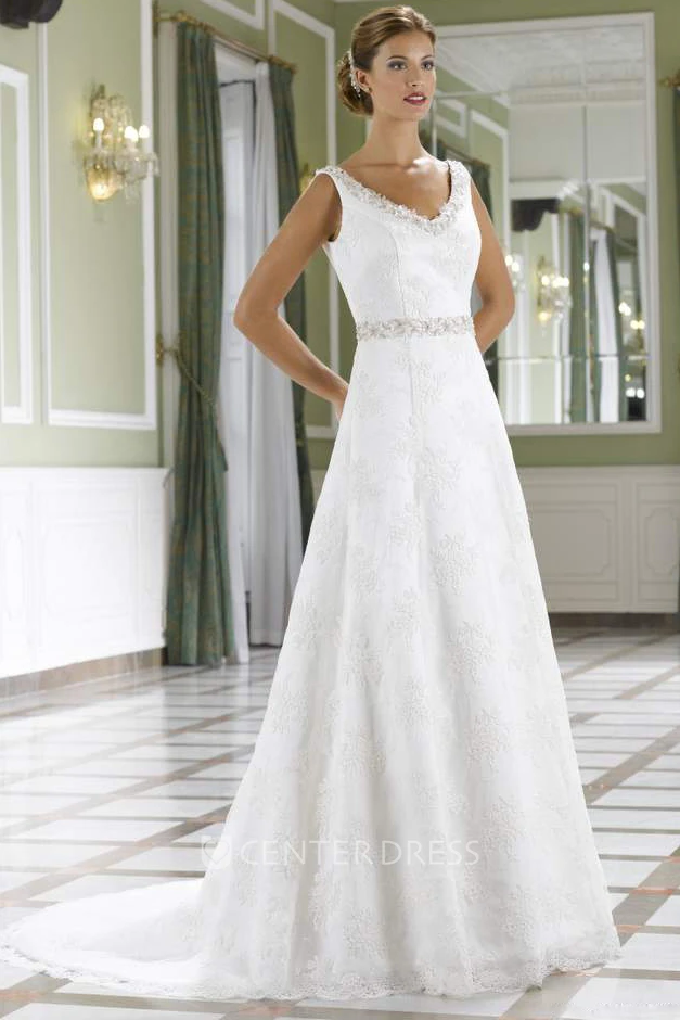 A-Line V-Neck Sleeveless Jeweled Long Lace Winter Wedding Dress With Court Train And Low-V Back