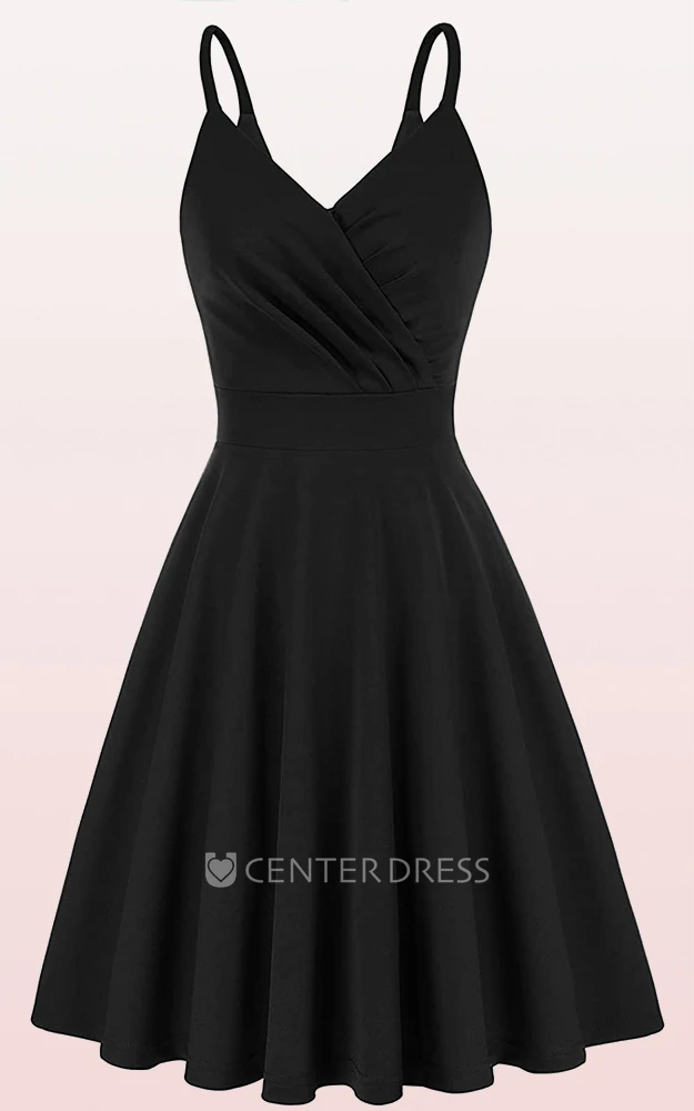Casual Sleeveless A Line Jersey V-neck Prom Cocktail Dress With Ruffles