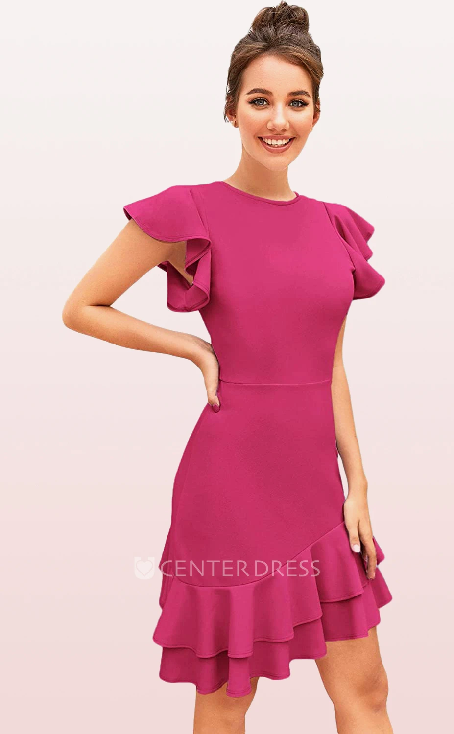 Modern A Line Taffeta Bateau Short Sleeve Cocktail Dress with Pleats and Tiers