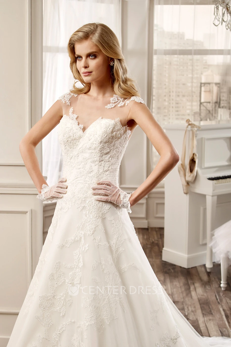 V-Neck A-Line Wedding Dress With Brush Train And Illusive Back