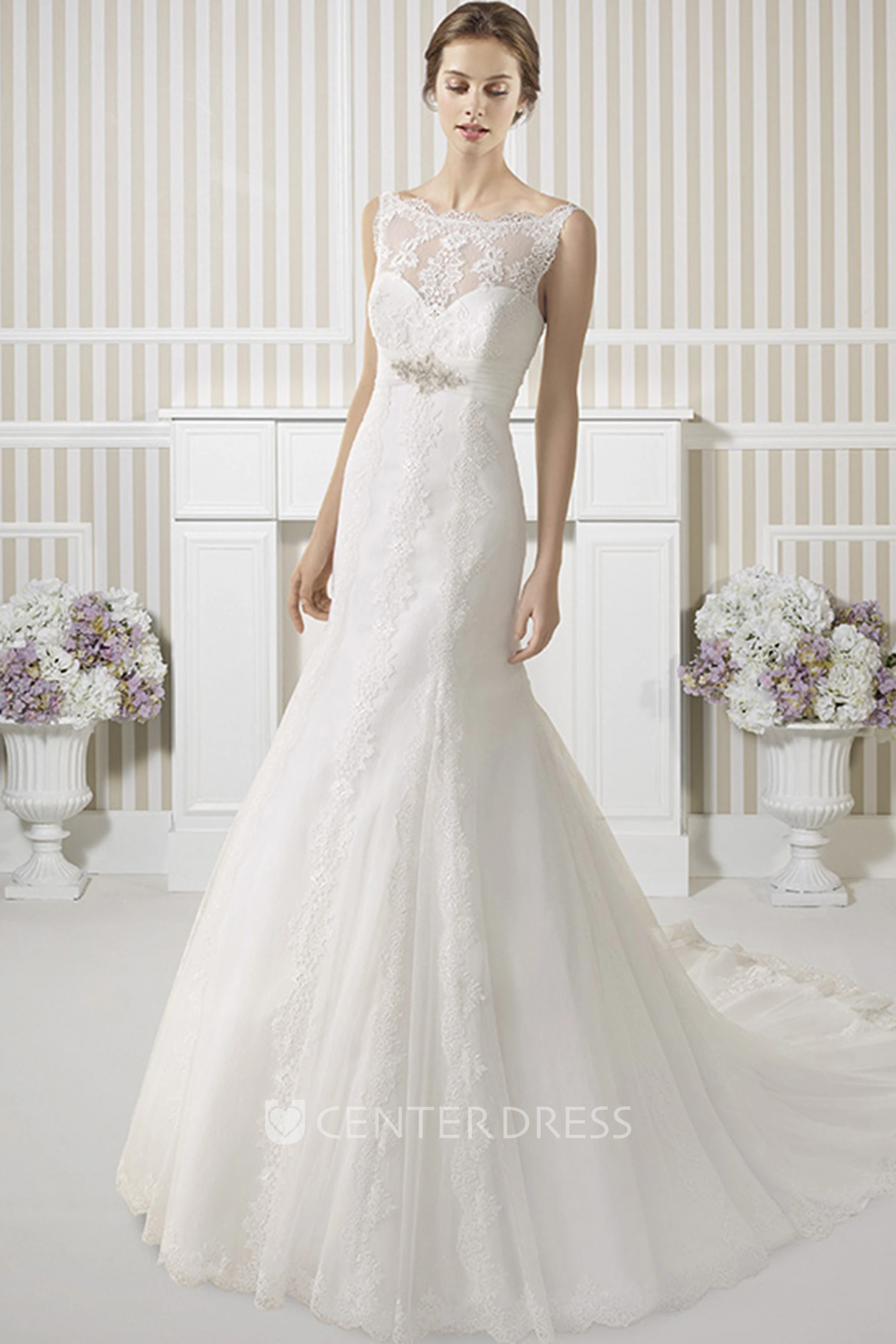 Sheath Sleeveless Appliqued Bateau Floor-Length Lace Spring Wedding Dress With Waist Jewellery