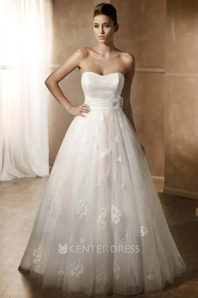Ball Gown Strapless Long Tulle&Satin Wedding Dress With Appliques And Deep-V Back