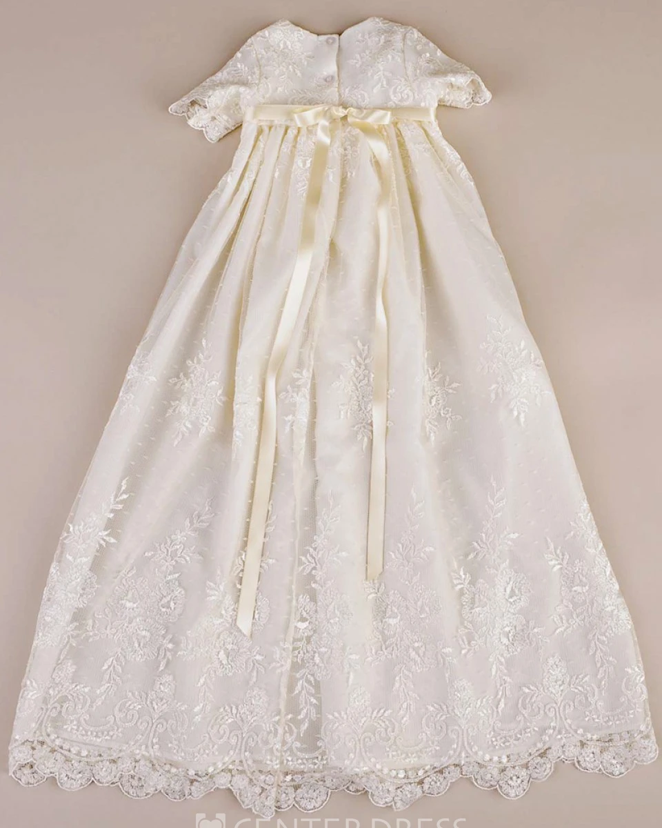 Lace Appliqued Christening Gown With Buttons And Bow