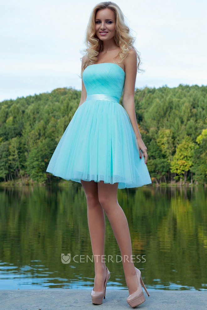 A Line Ruched Sleeveless Strapless Short Mini Tulle Prom Dress