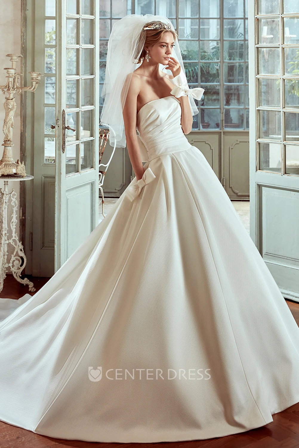 Strapless Satin Warm Wedding Dress With Pleated Bodice And Back Bow