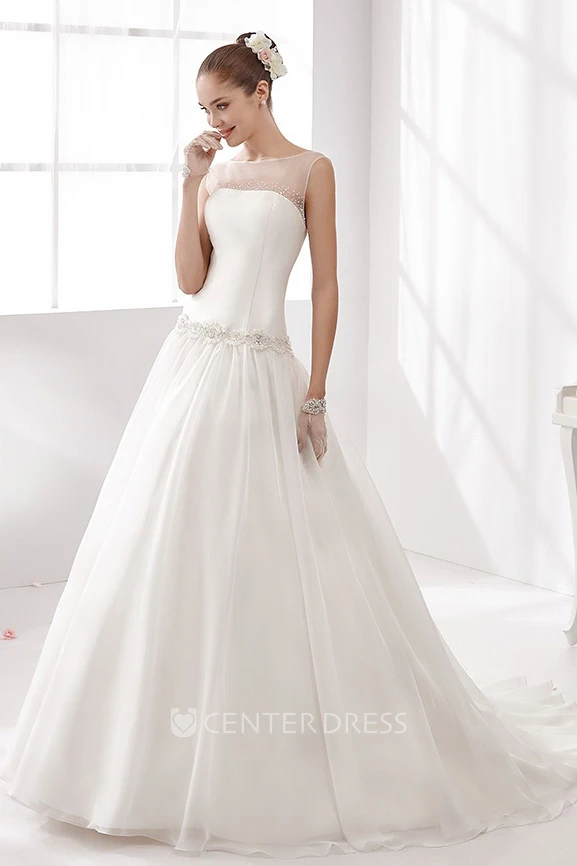 Jewel-neck Waist-drop Wedding Gown with Beaded Details and Illusive Neckline 