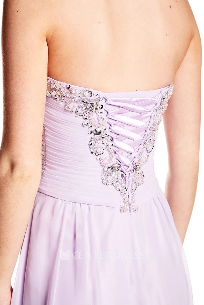 Sleeveless Ruched Sweetheart Chiffon Prom Dress With Beading And Lace-Up