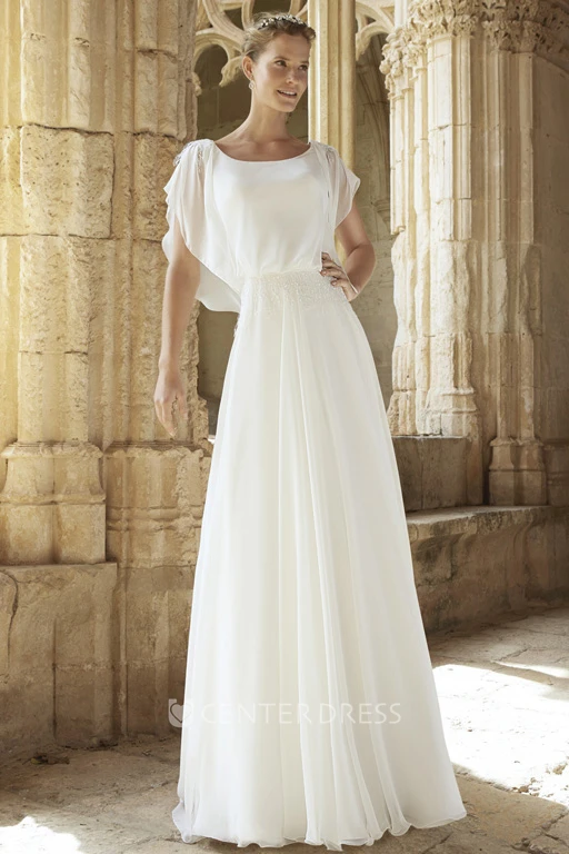 A-Line Floor-Length Poet-Sleeve Square Chiffon Wedding Dress With Deep-V Back And Sweep Train