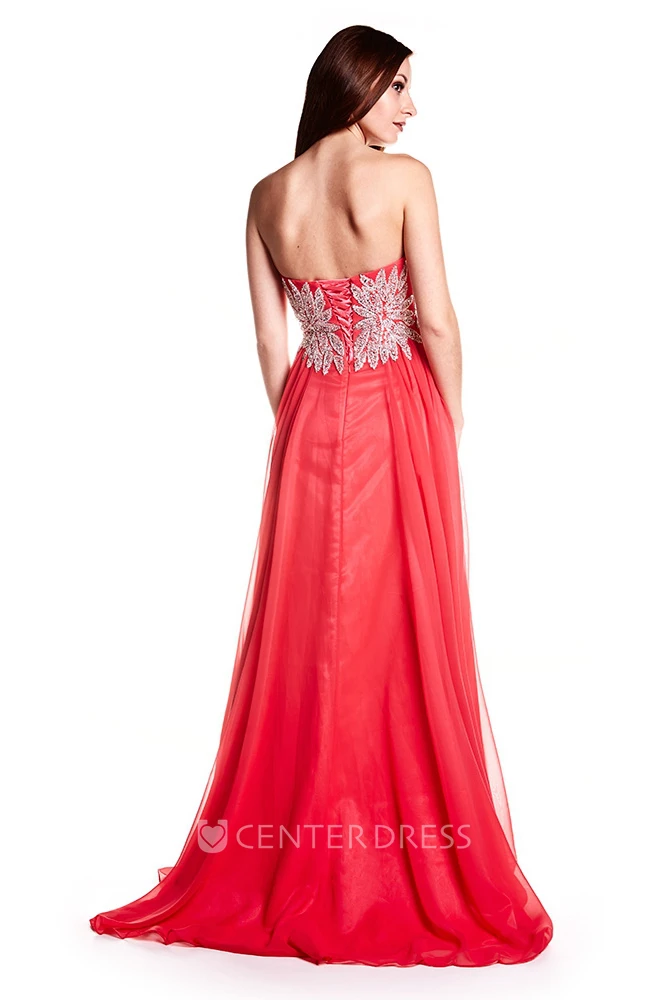 A-Line Crystal Sweetheart Floor-Length Sleeveless Chiffon Prom Dress With Lace-Up Back And Pleats