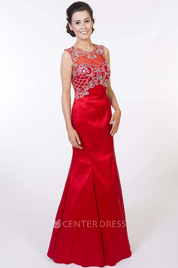 Trumpet Sleeveless Long Beaded Scoop Satin Prom Dress With Keyhole Back