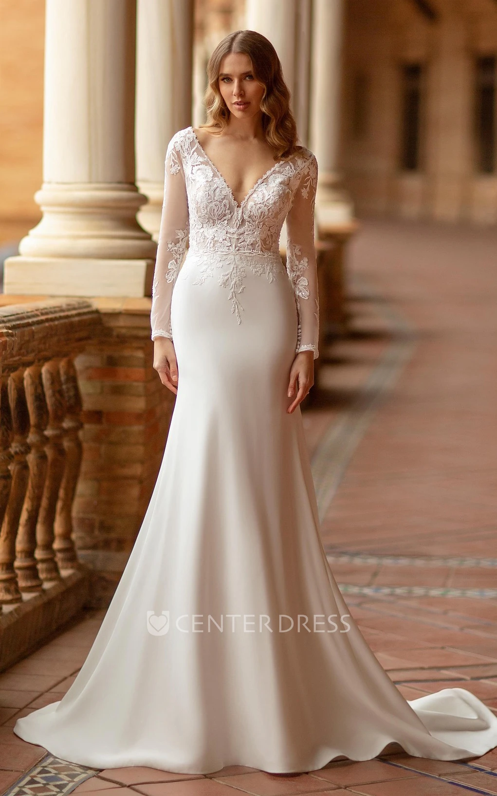 Deep v neck wedding dress with sleeves hotsell