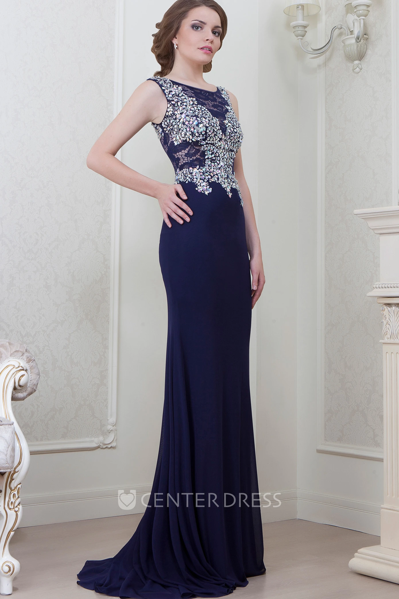Sheath Sleeveless Scoop-Neck Crystal Floor-Length Jersey Evening Dress With Lace