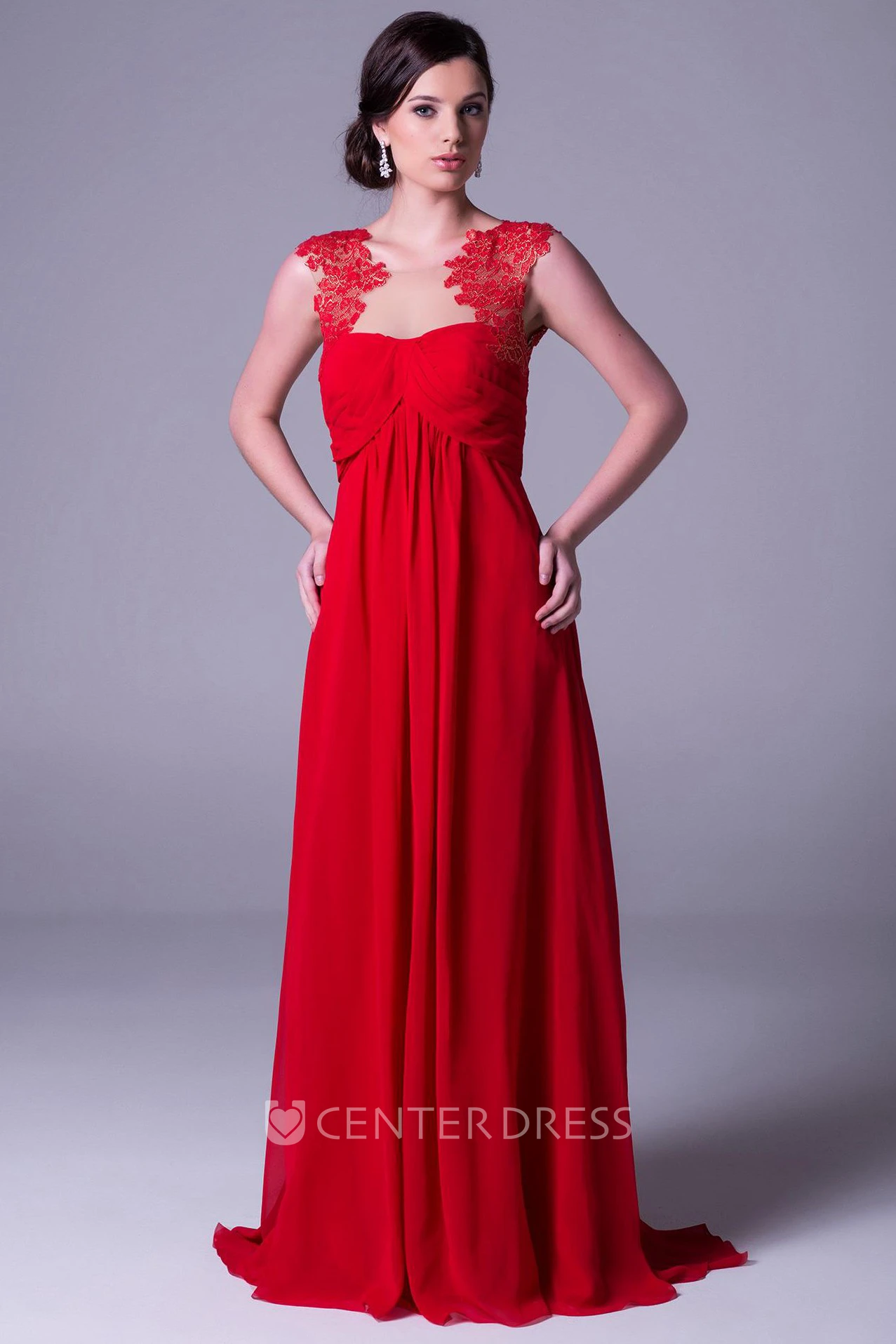 Sheath Empire Floor-Length Cap-Sleeve Appliqued Chiffon Prom Dress With Ruching