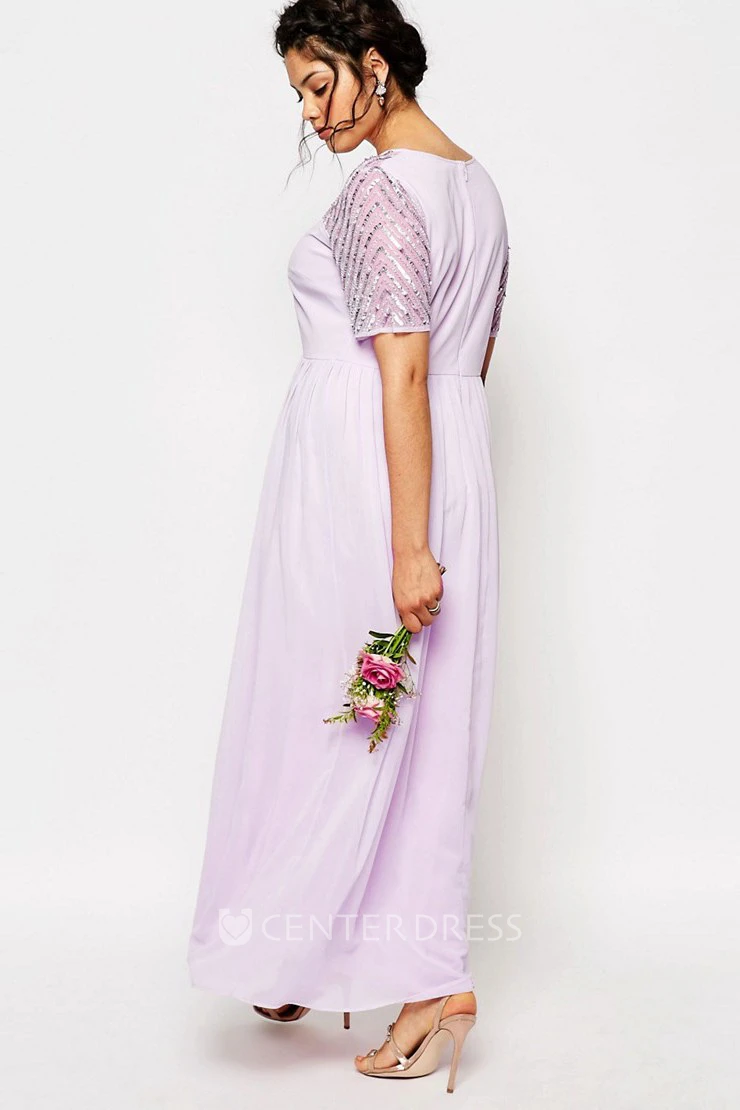 Sheath Short-Sleeve Scoop-Neck Ankle-Length Chiffon Bridesmaid Dress With Sequins