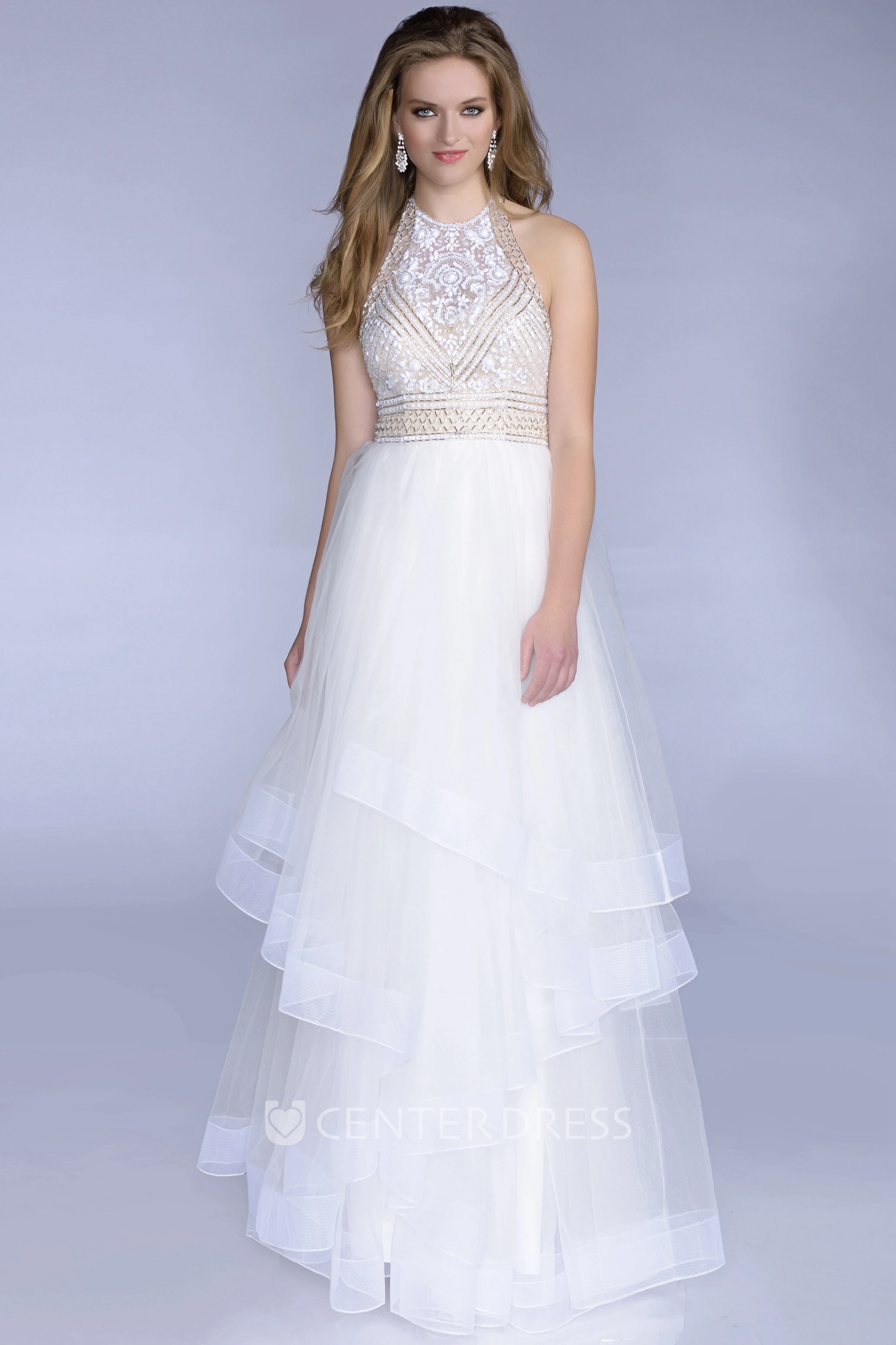 Tulle A-Line Sleeveless Layered Gown Featuring Open Back And Beadings