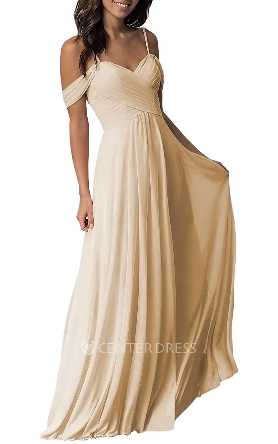 Chiffon Floor-length Off-the-shoulder A Line Sleeveless Bridesmaid Dress With Ruching