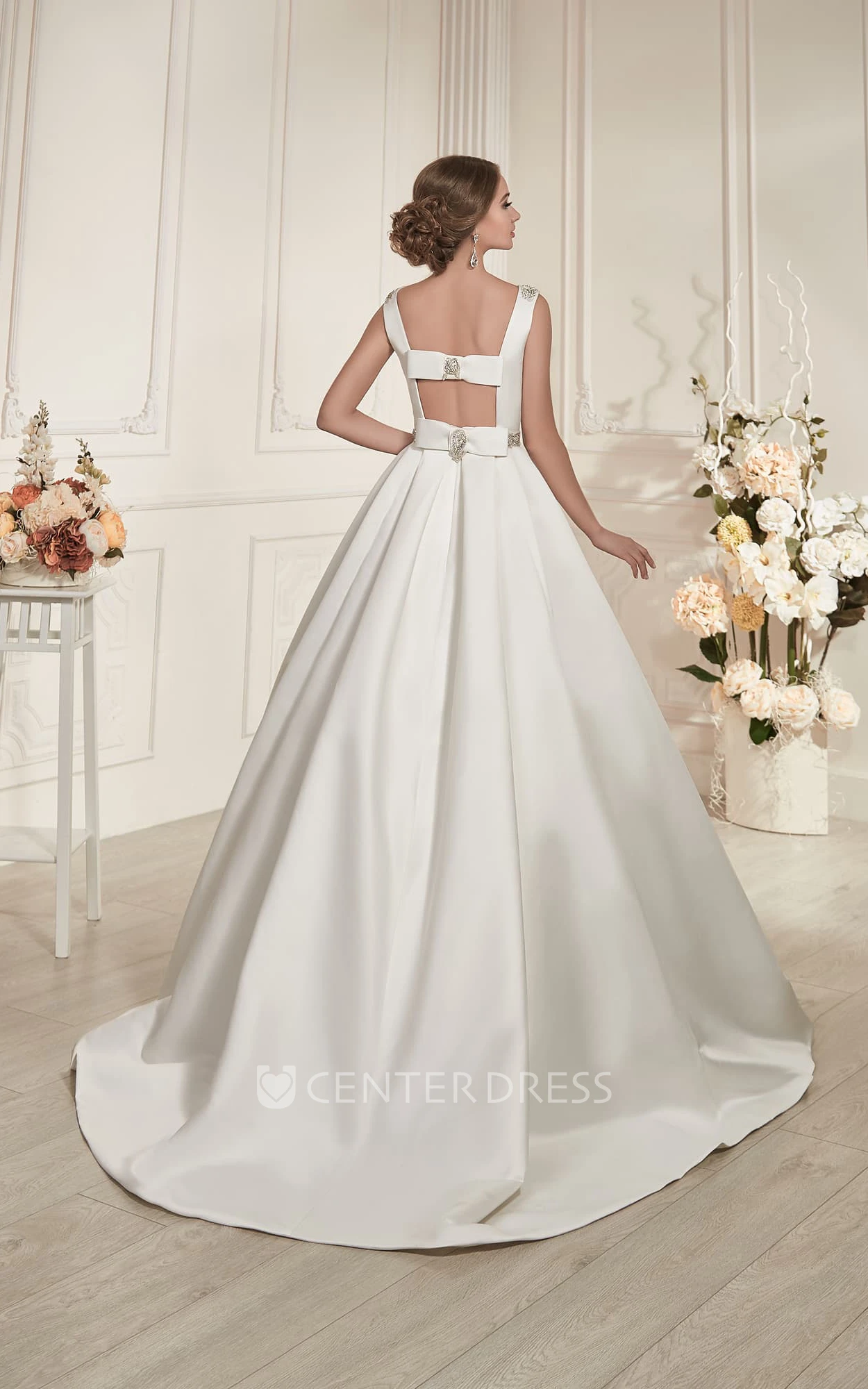 A-Line Floor-Length Scoop-Neck Sleeveless Keyhole Satin Dress With Beading And Pleatings