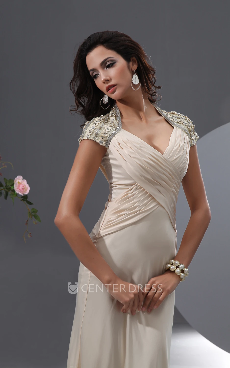 Graceful Queen Anne Evening Gown With Cap-Sleeves Beading