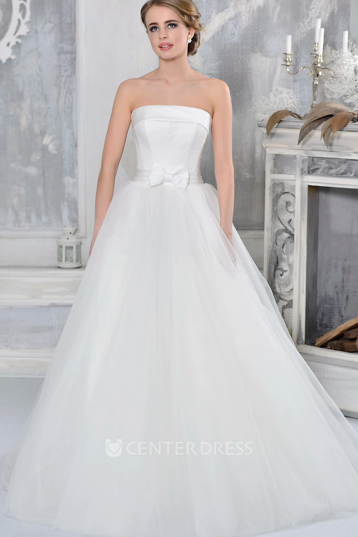 A-Line Sleeveless Bowed Strapless Long Satin&Tulle Wedding Dress
