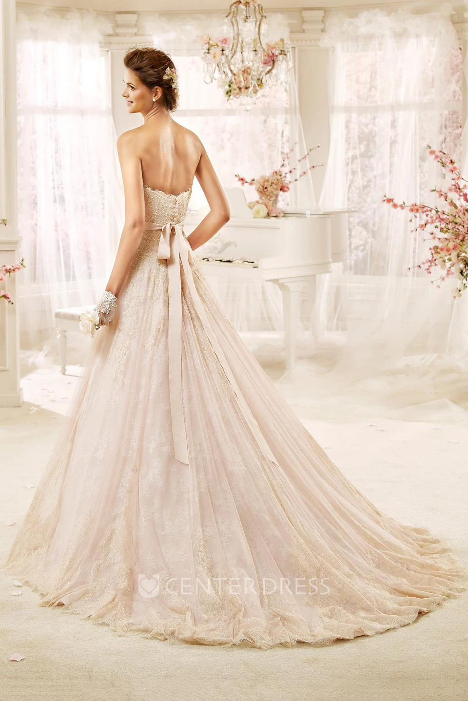 Sweetheart A-line Lace Long Dress with Flower Sash and Appliques