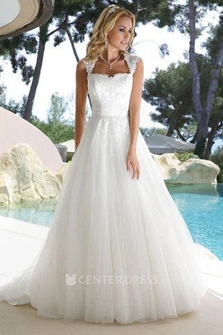 A-Line Queen Anne Tulle Wedding Dress With Illusion