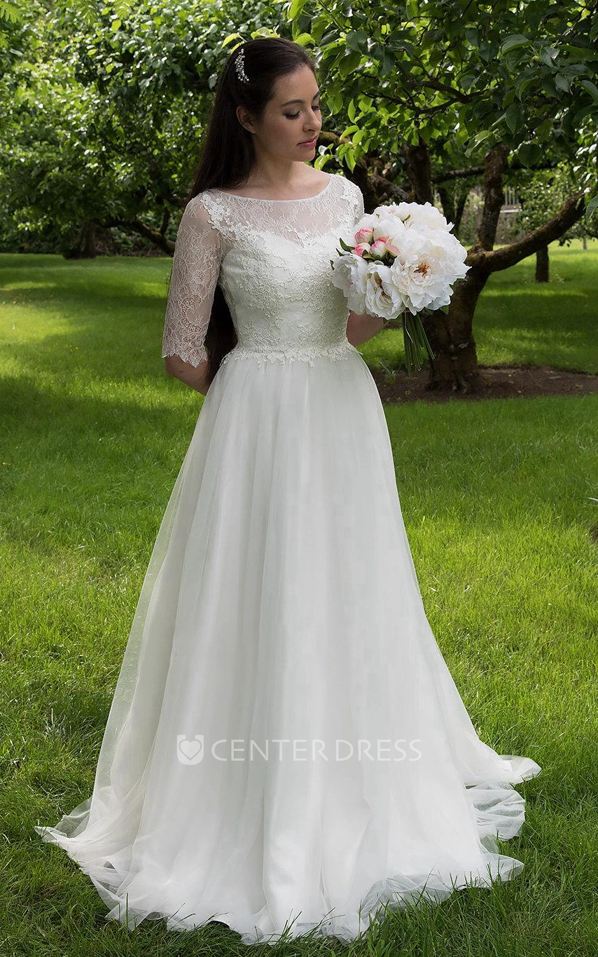 Long A-Line Tulle and Lace Wedding Dress With Elbow Sleeves