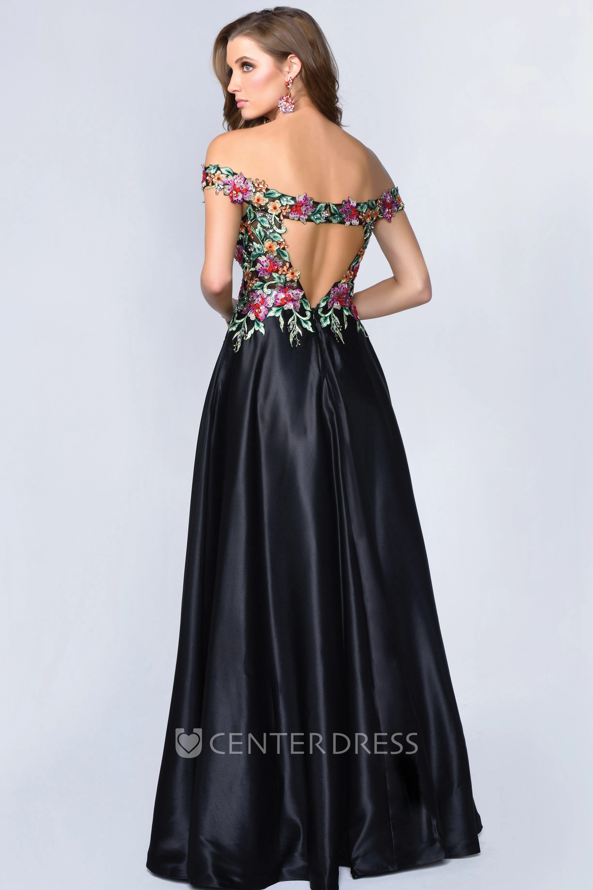 A-Line Off-The-Shoulder Satin Keyhole Dress With Beading And Embroidery