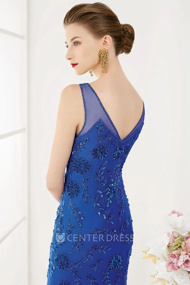 V Neck V Back Sleeveless Sheath Long Dress With Crystal And Flowers