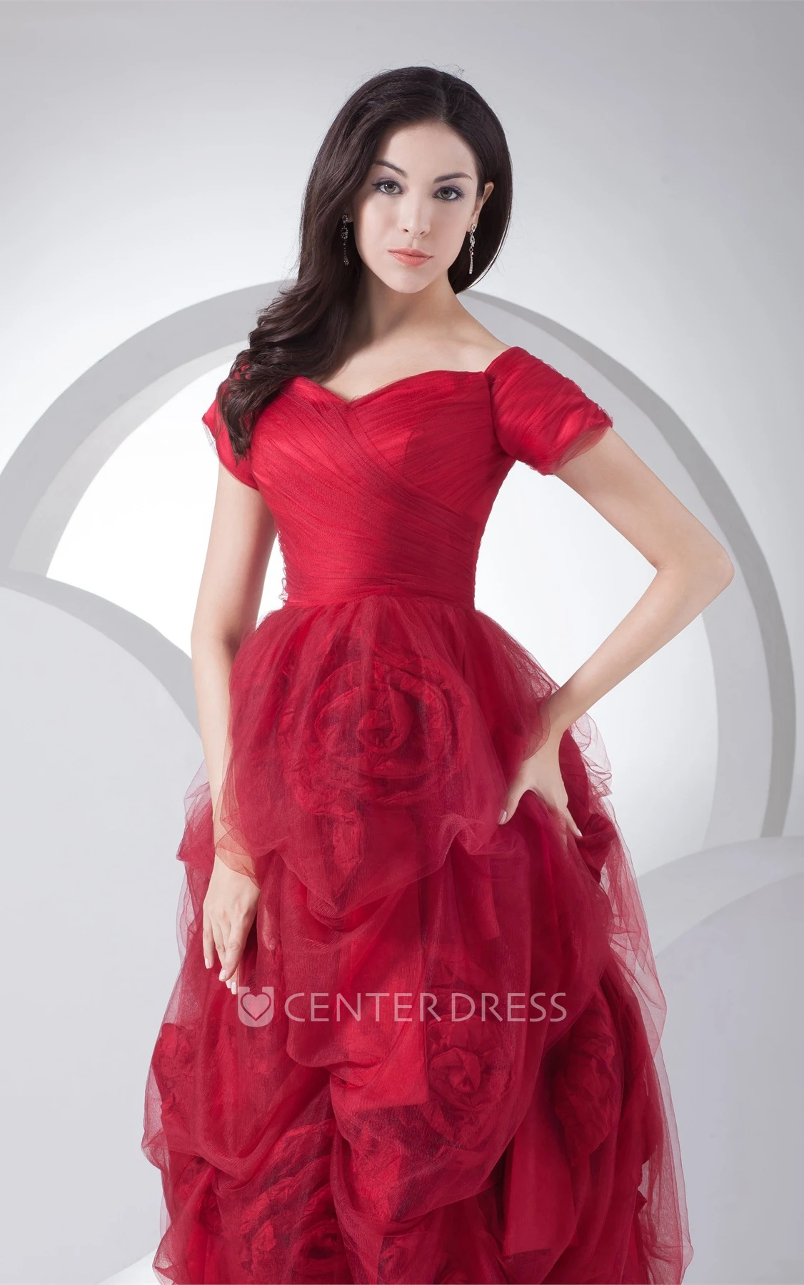 Short-Sleeve A-Line Tulle Prom Gown with Ruffles and Flower